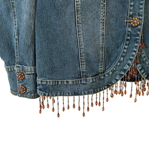 Diane Gilman Women’s Denim Funky Boho Jacket Rhinestone‎ Buttons Beaded Fringe - Picture 4 of 7